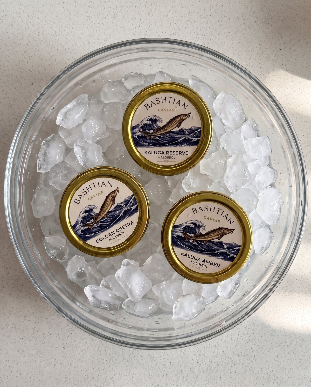 Three Bashtian tins served over ice